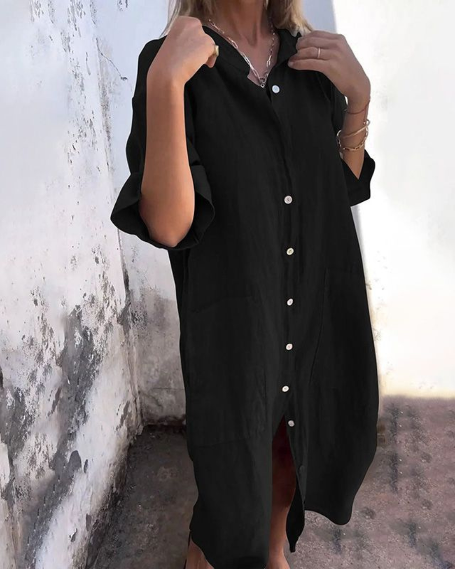 Robe Chemise Longue Boutonnée Femme Décontractée