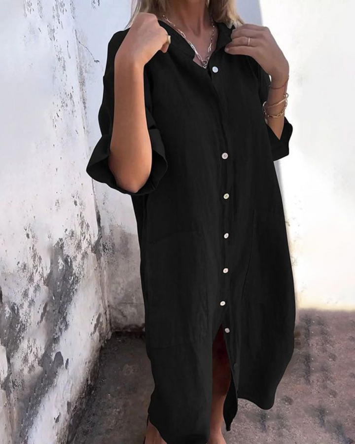 Robe Chemise Longue Boutonnée Femme Décontractée