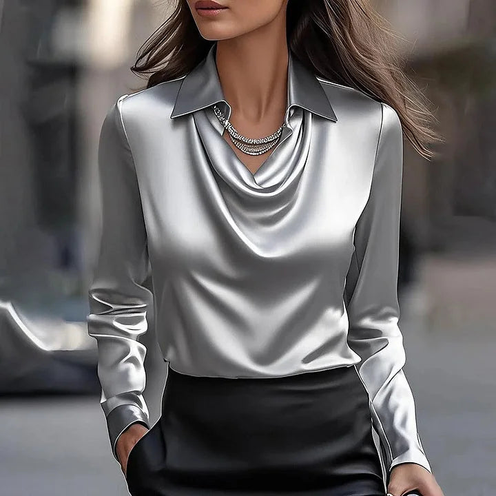 Women's Long-Sleeve Satin Blouse with Cowl Neck