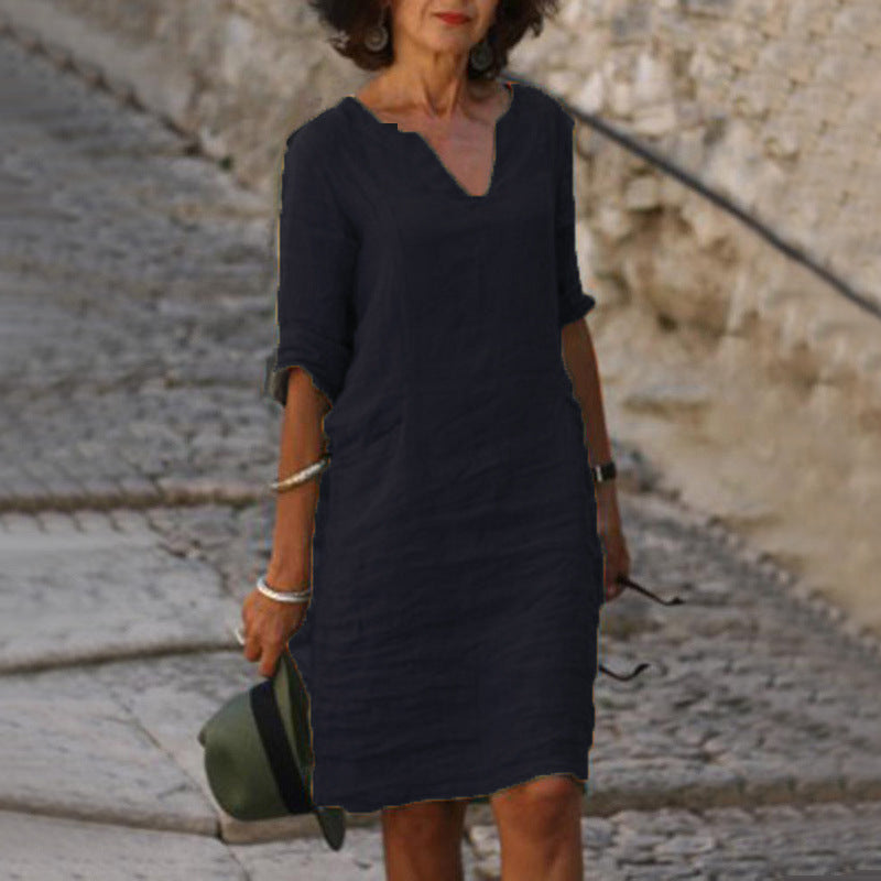 Robe Midi Femme Col V Manches 3/4