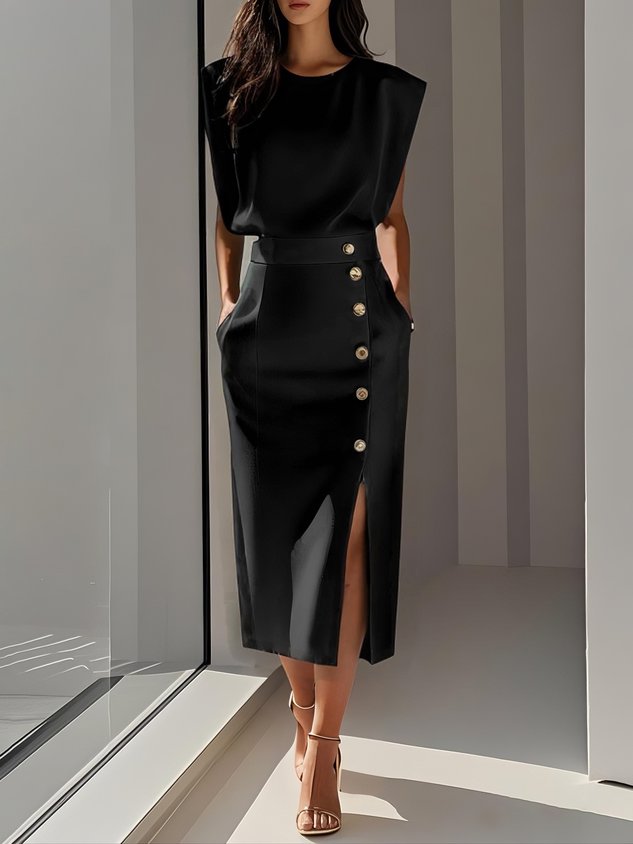 Robe Midi Femme Sans Manches Boutons Décoratifs