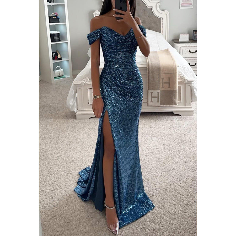 Robe Longue Pailletée Femme Épaules Dénudées