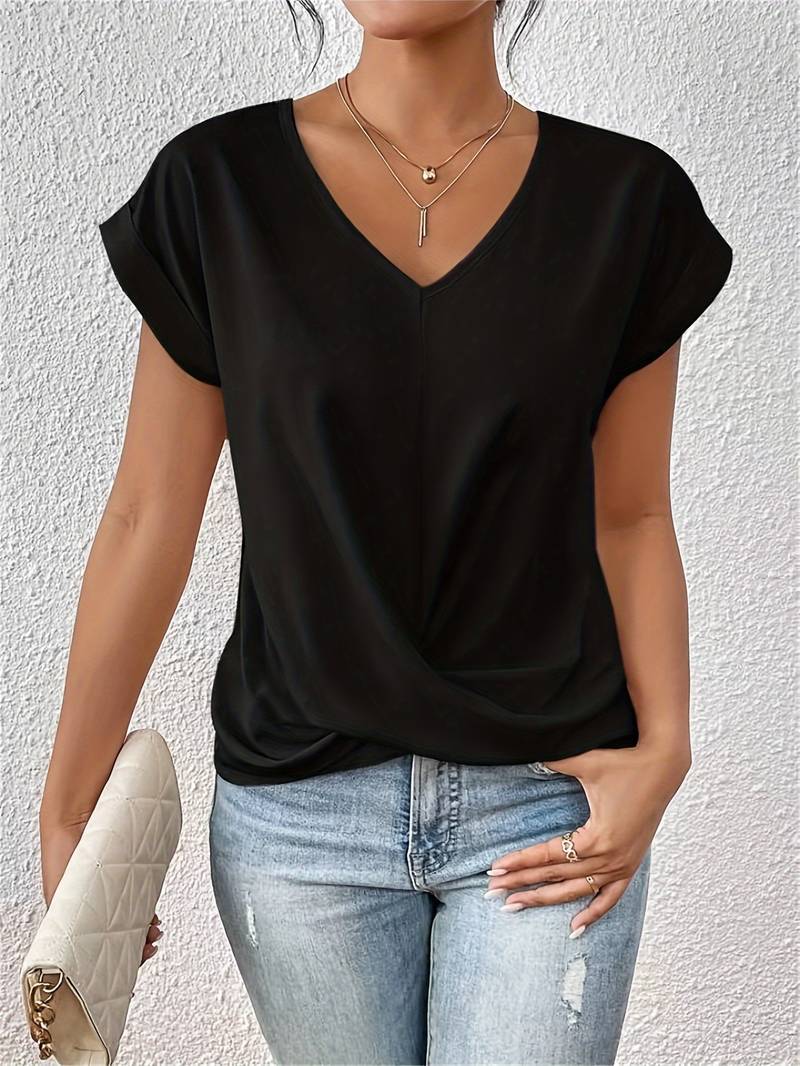 Top Femme Manches Courtes Col V Détail Noué