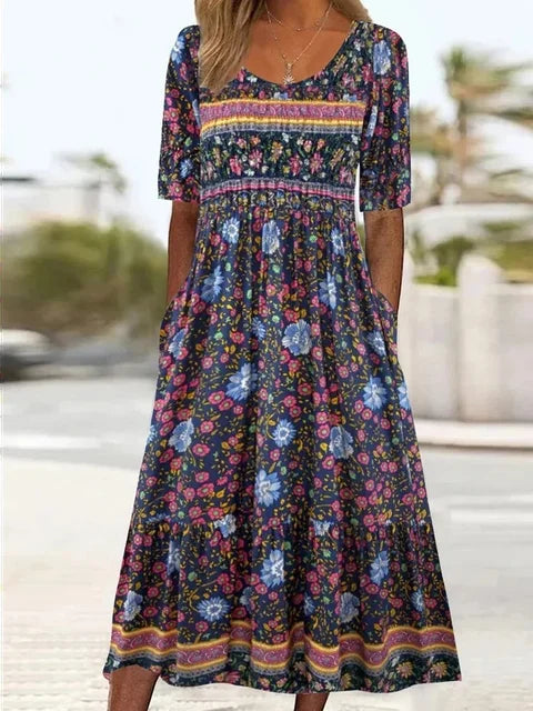 Robe Midi Bohème Imprimée Femme Manches Mi-Longues