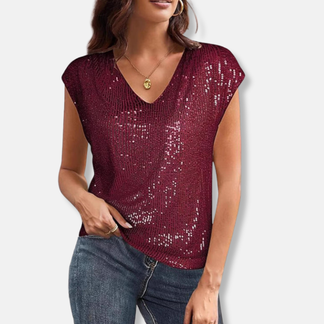 Top Pailleté Col V Femme Manches Courtes
