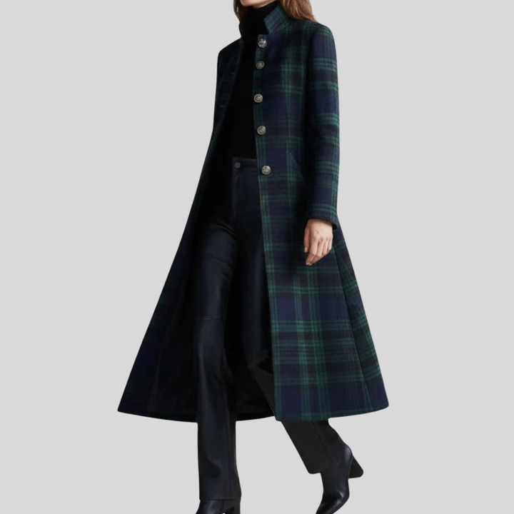 Women's Long Tartan Check Coat with Front Button Closure