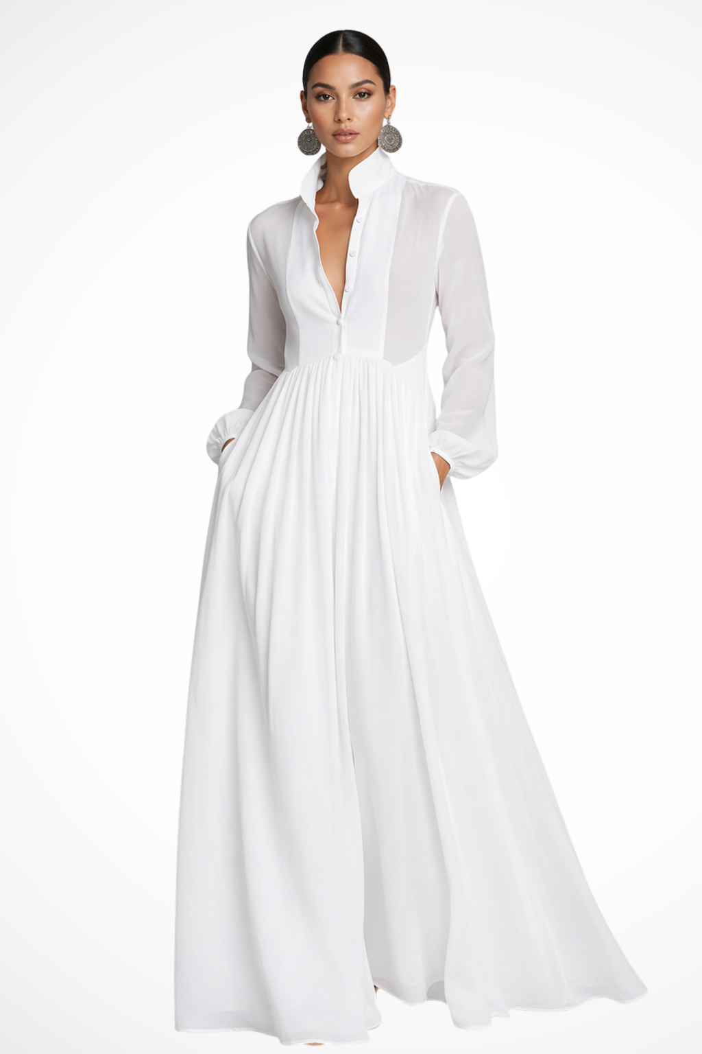 Robe Longue Boutonnée Femme Manches Longues Poches