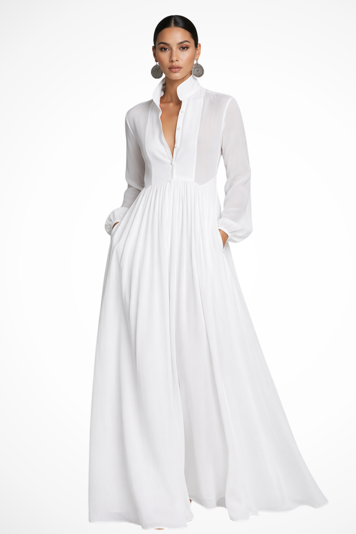 Robe Longue Boutonnée Femme Manches Longues Poches
