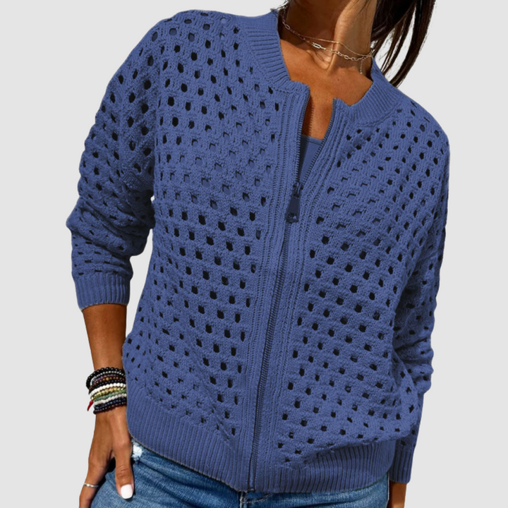 Cardigan Zippé en Maille Ajourée Pour Femme