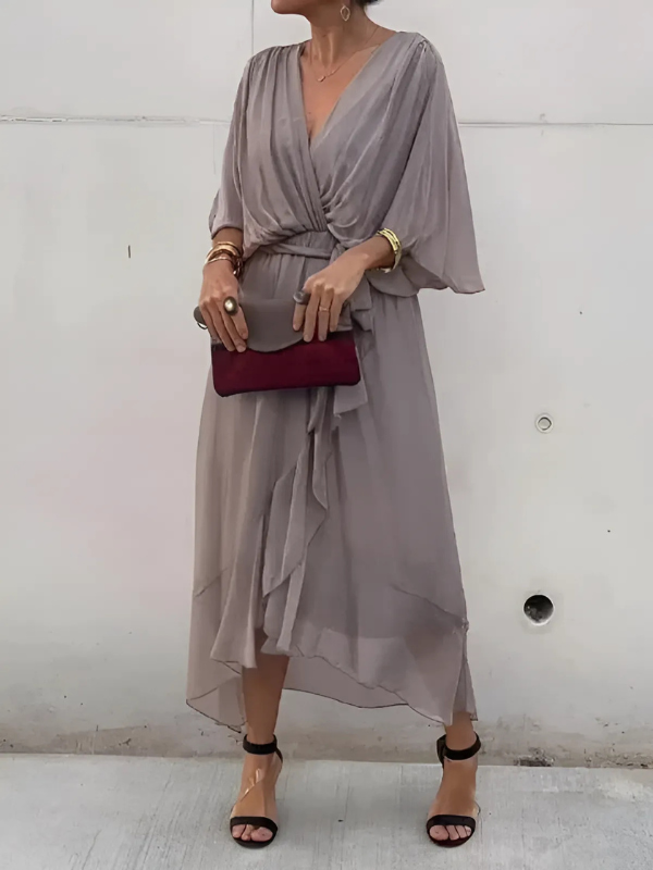 Robe Midi Fluide Femme Col V Taille Ceinturée