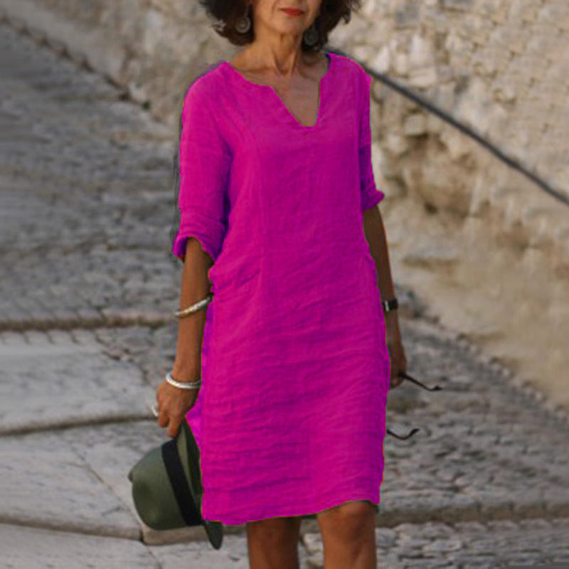 Robe Midi Femme Col V Manches 3/4