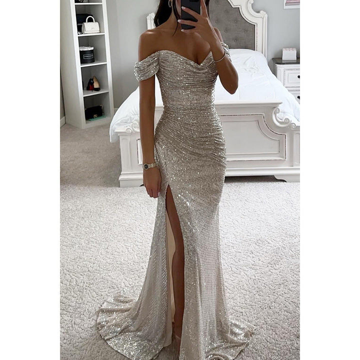 Robe Longue Pailletée Femme Épaules Dénudées