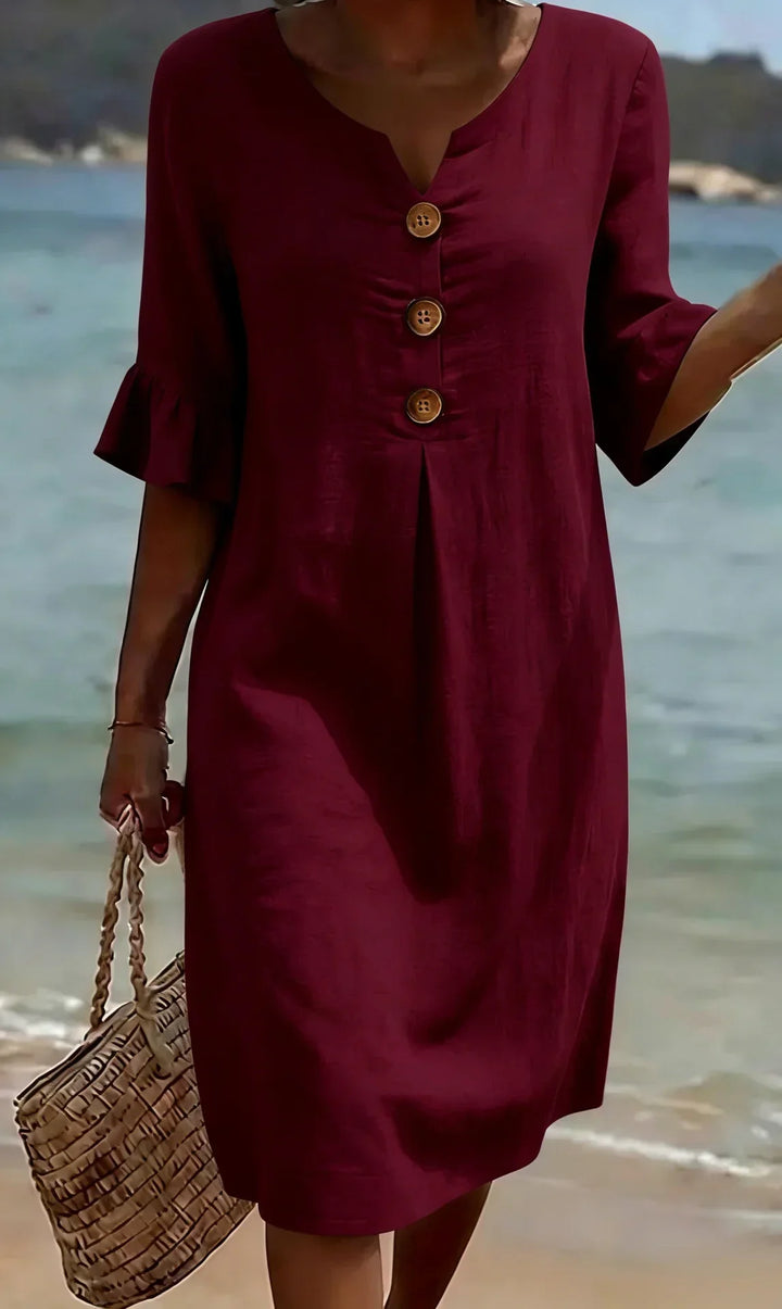 Robe Courte Femme Boutons Décoratifs Manches Volantées