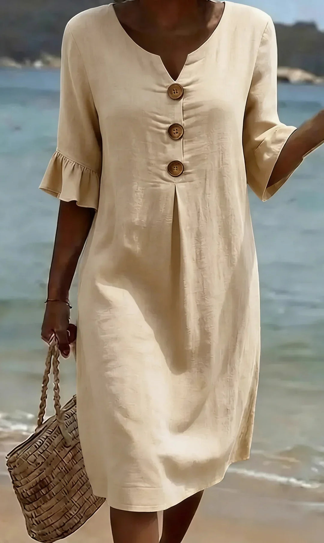 Robe Courte Femme Boutons Décoratifs Manches Volantées