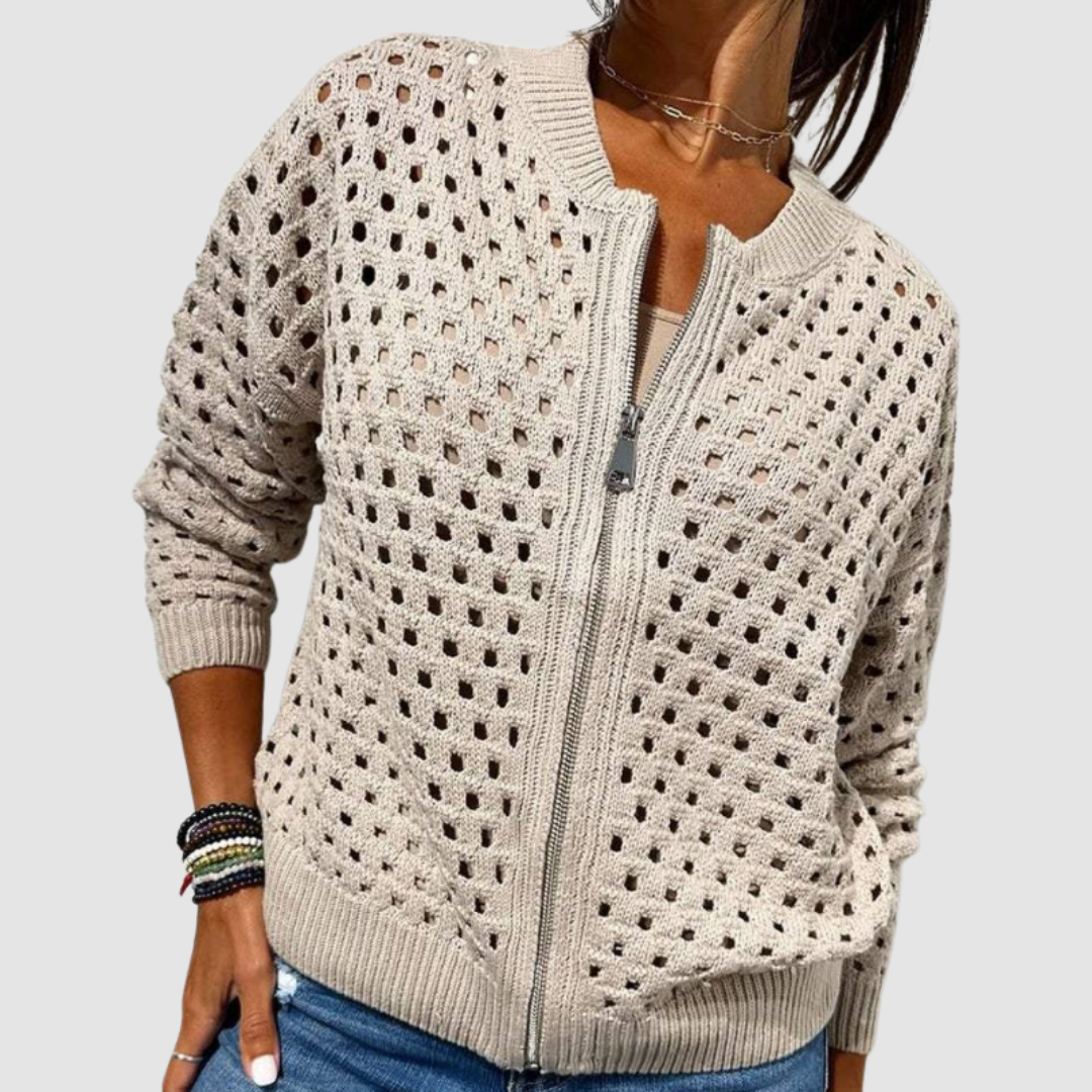 Cardigan Zippé en Maille Ajourée Pour Femme