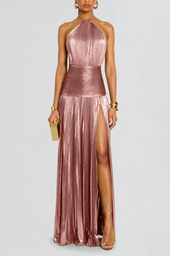 Robe Longue Satin Femme Col Halter Plissée