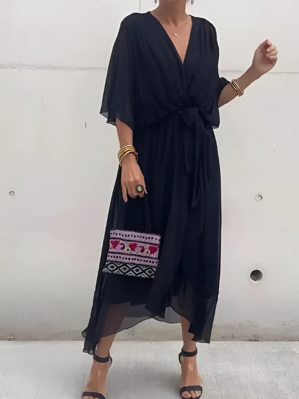 Robe Midi Fluide Femme Col V Taille Ceinturée