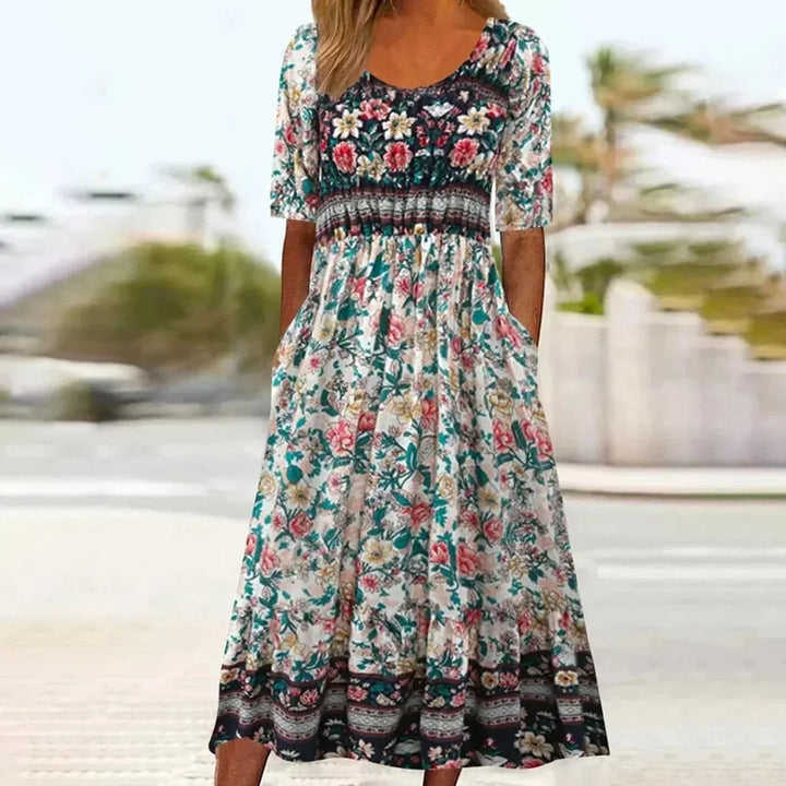 Robe Midi Bohème Imprimée Femme Manches Mi-Longues
