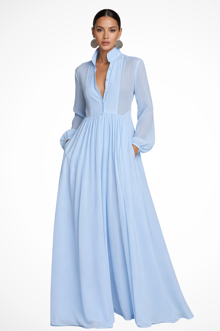 Robe Longue Boutonnée Femme Manches Longues Poches