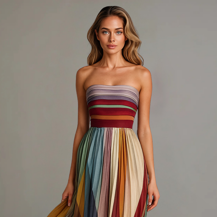 Multicolored Pleated Maxi Dress Women Strapless
