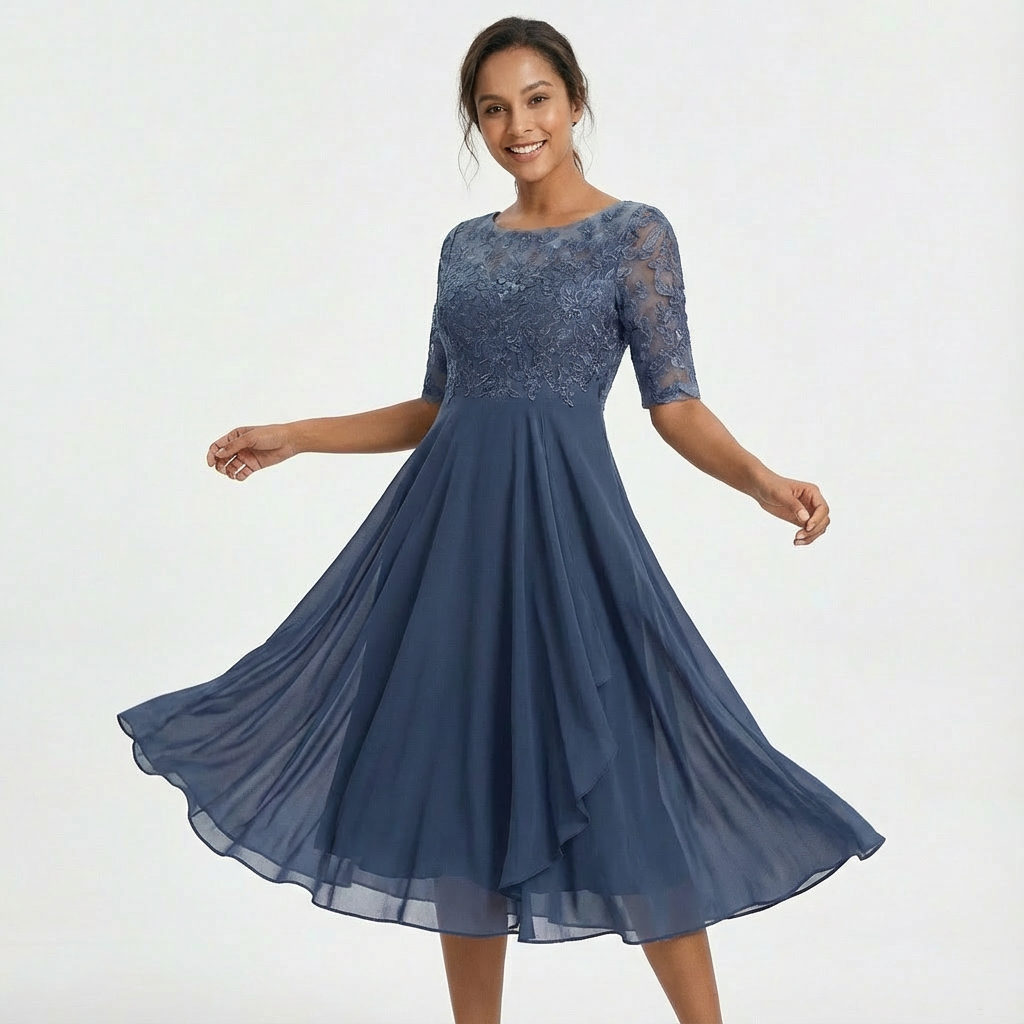 Robe Midi Dentelle Femme Manches Mi-Longues Cérémonie