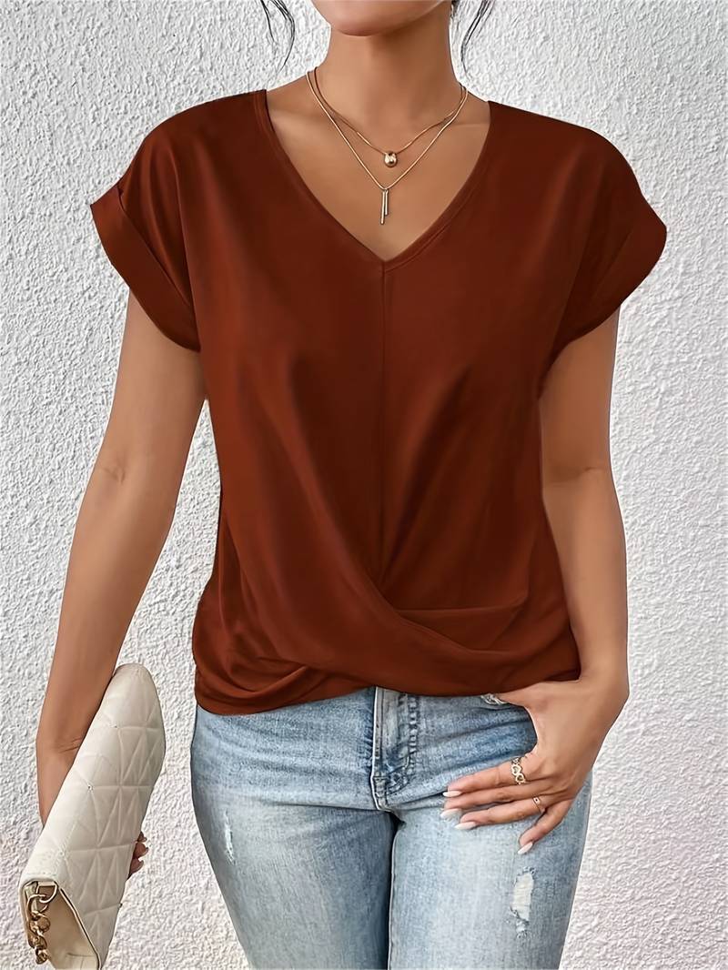 Top Femme Manches Courtes Col V Détail Noué