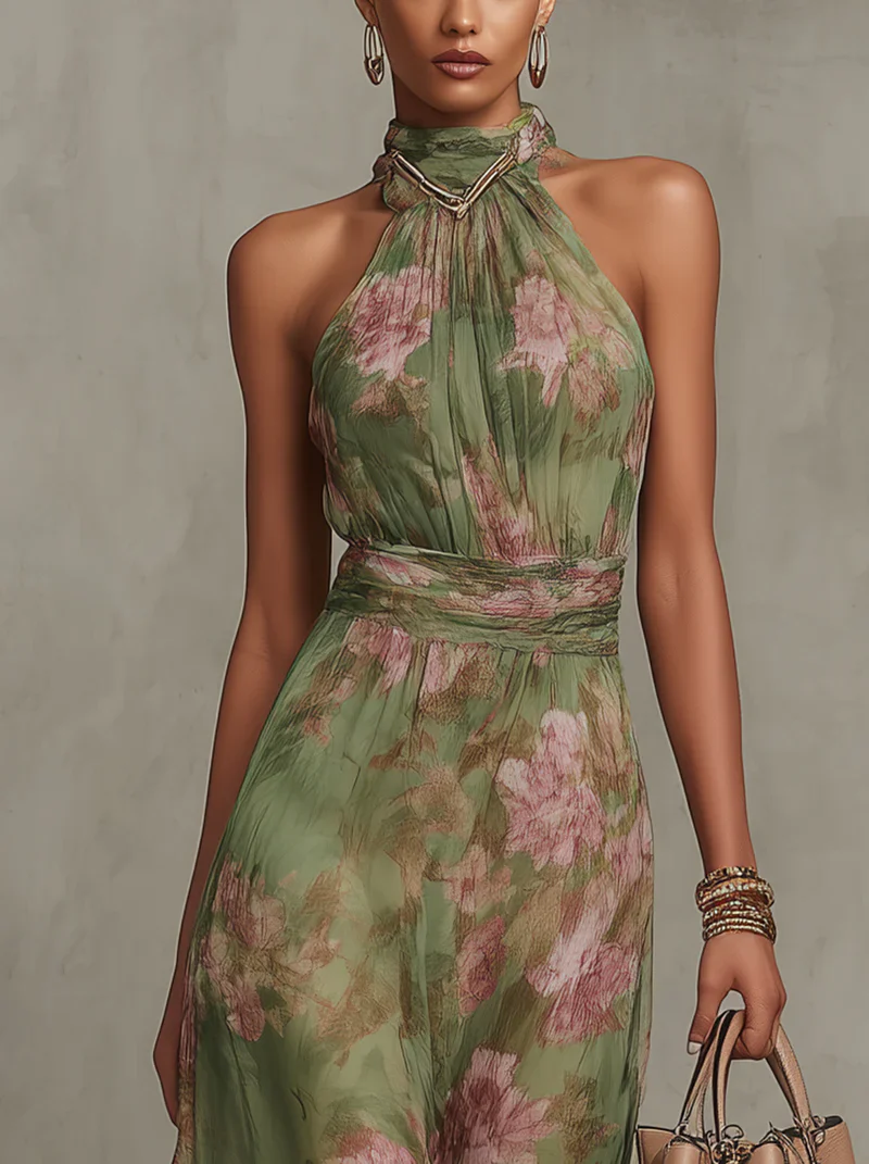 Robe Longue Fleurie Femme Col Halter Cintrée