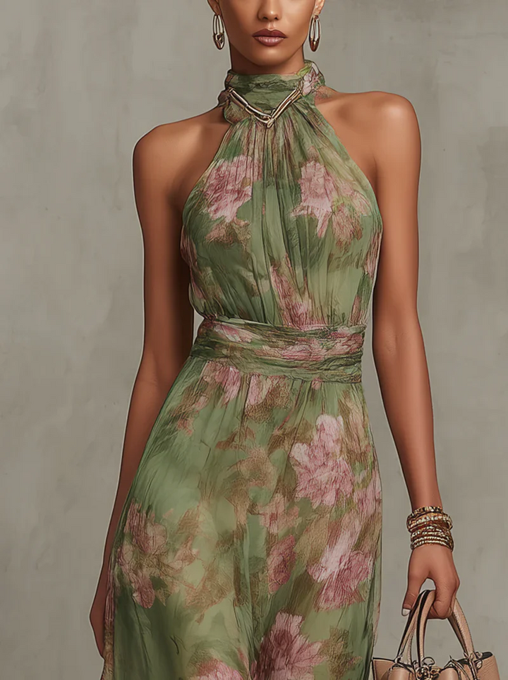 Robe Longue Fleurie Femme Col Halter Cintrée