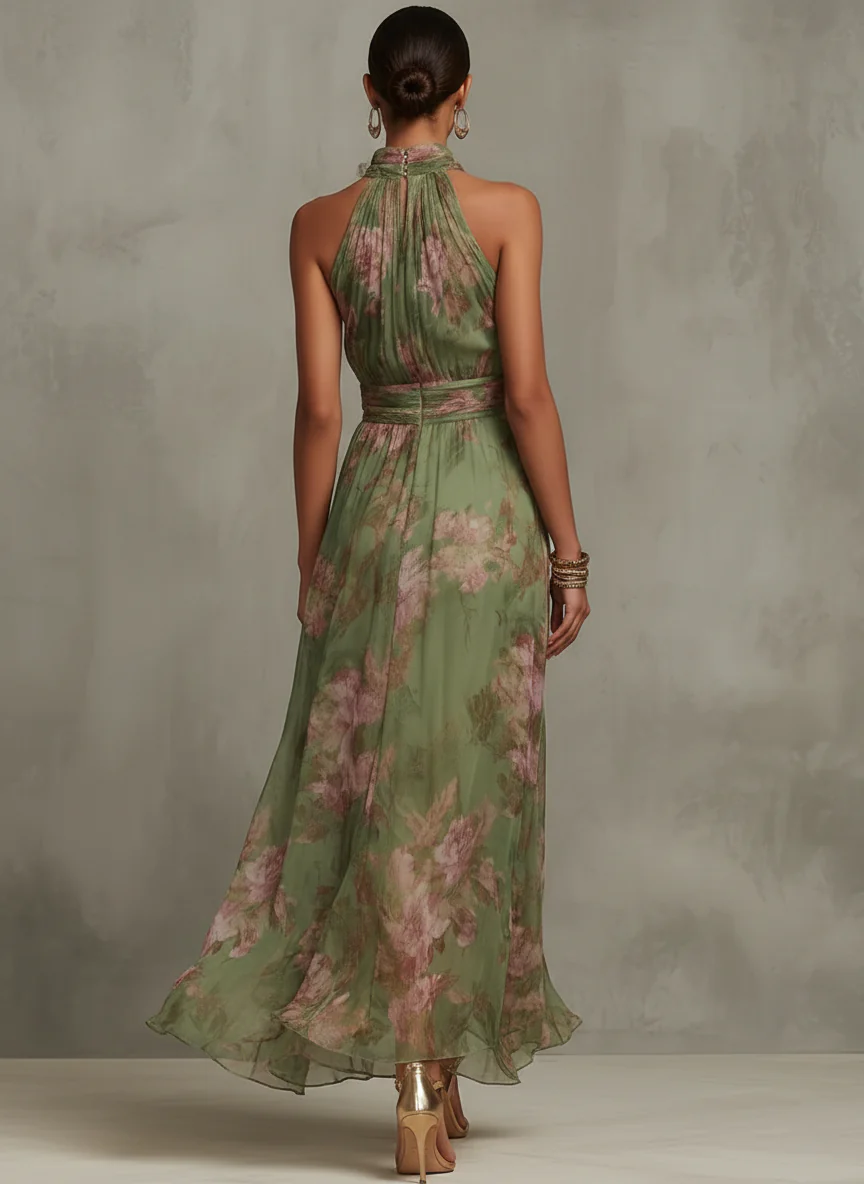 Robe Longue Fleurie Femme Col Halter Cintrée