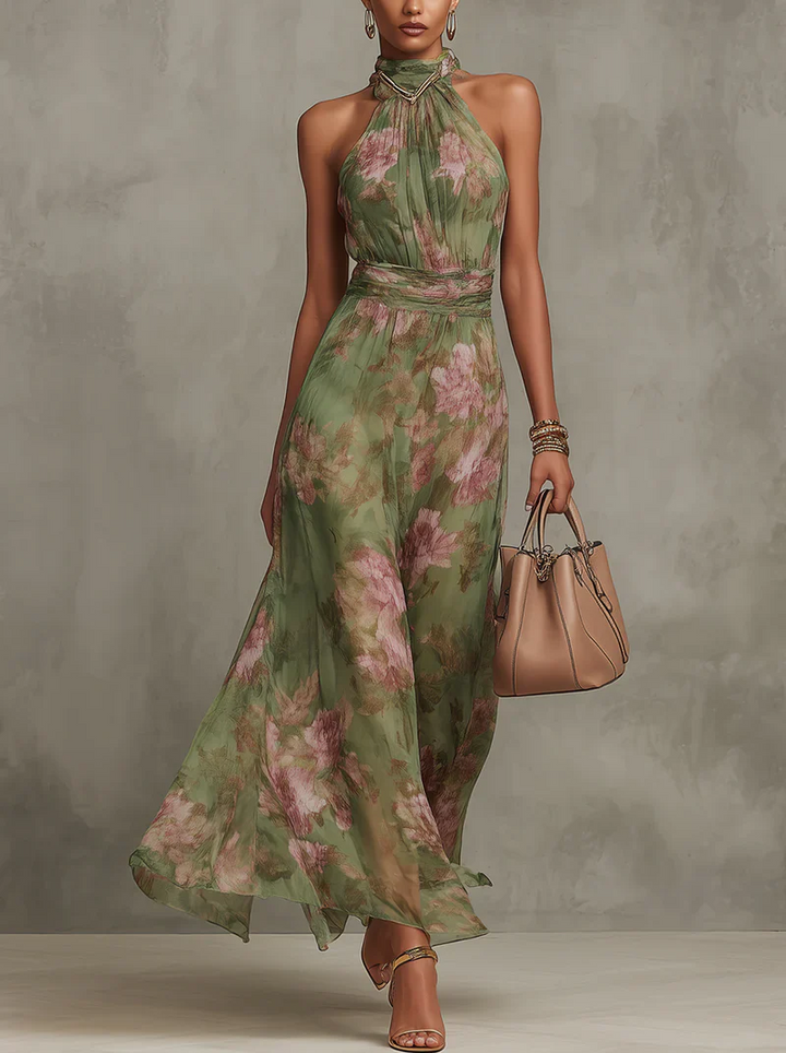 Robe Longue Fleurie Femme Col Halter Cintrée
