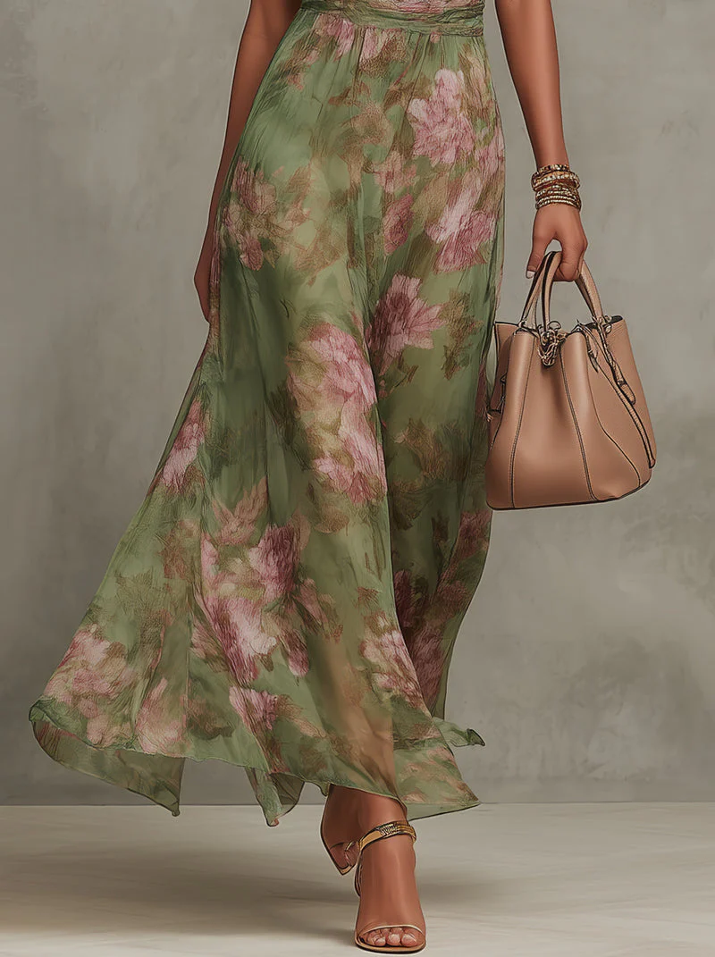 Robe Longue Fleurie Femme Col Halter Cintrée