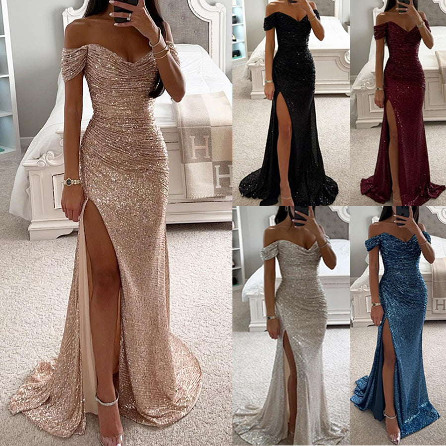 Robe Longue Pailletée Femme Épaules Dénudées