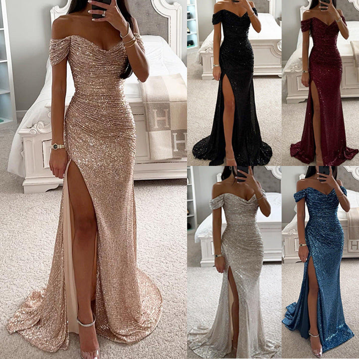 Robe Longue Pailletée Femme Épaules Dénudées