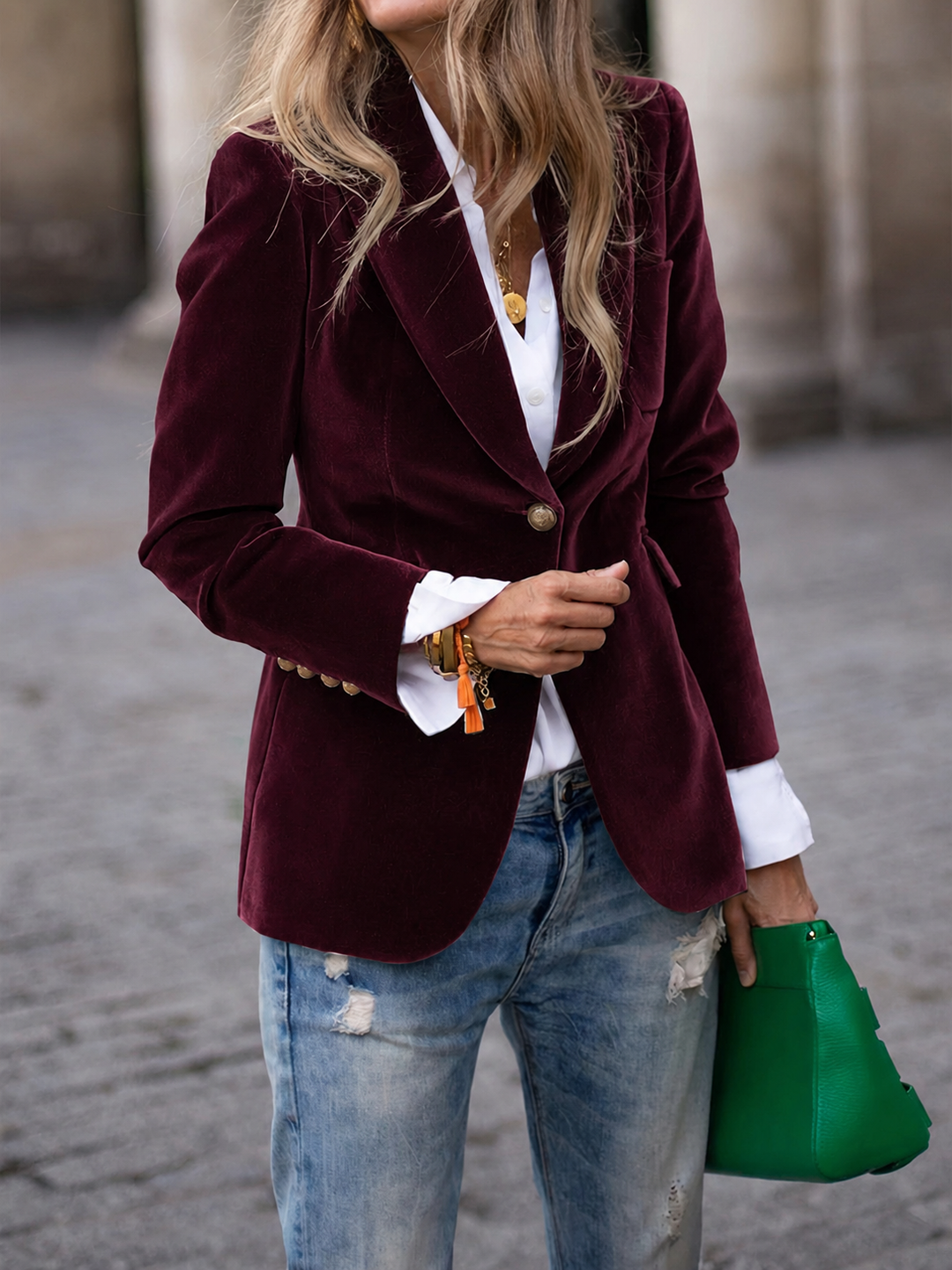 Blazer en Velours Ajusté à Un Bouton Pour Femme