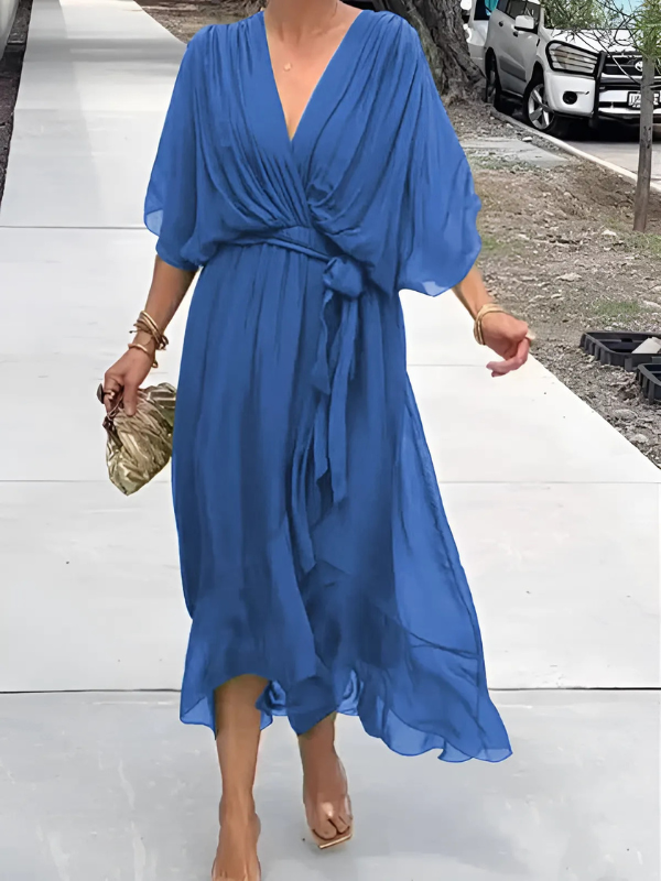 Robe Midi Fluide Femme Col V Taille Ceinturée