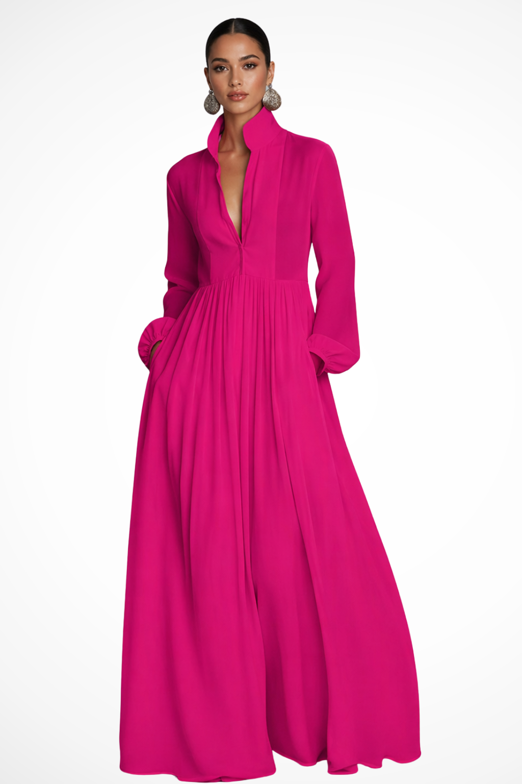 Robe Longue Boutonnée Femme Manches Longues Poches