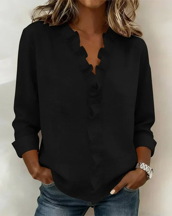 Women's V-neck blouse with ruffles and long sleeves