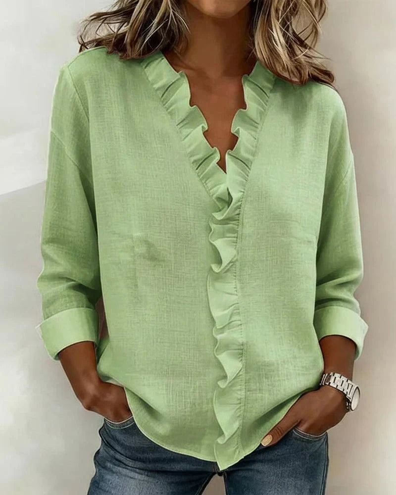 Women's V-neck blouse with ruffles and long sleeves