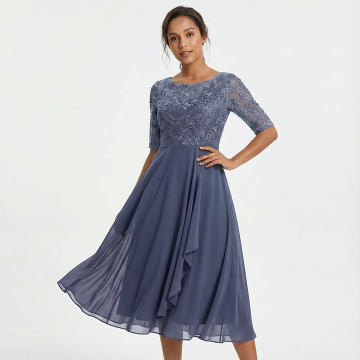 Robe Midi Dentelle Femme Manches Mi-Longues Cérémonie