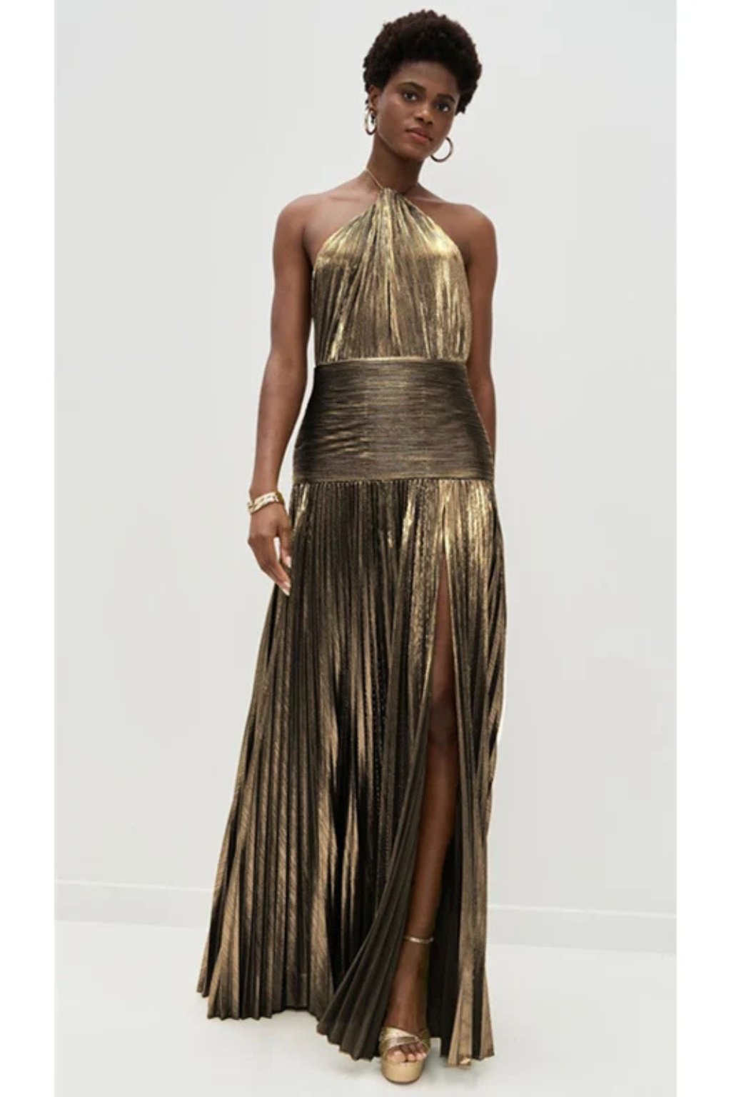 Robe Longue Satin Femme Col Halter Plissée