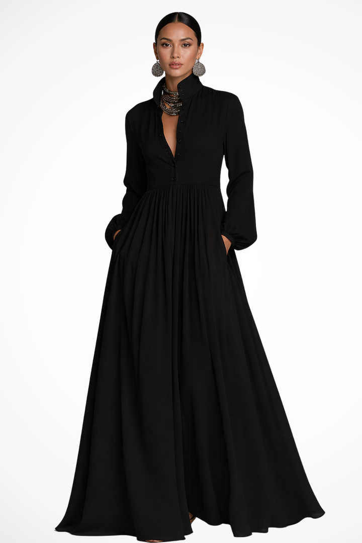 Robe Longue Boutonnée Femme Manches Longues Poches