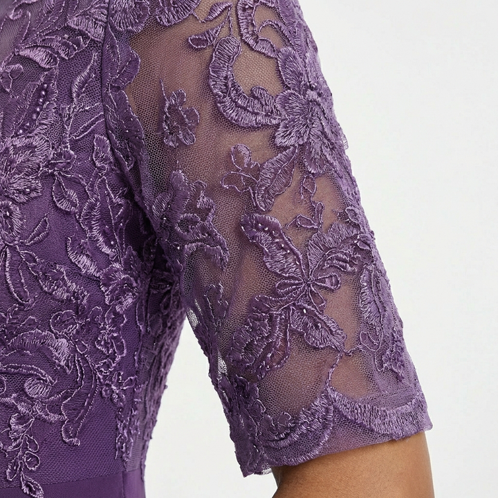 Robe Midi Dentelle Femme Manches Mi-Longues Cérémonie