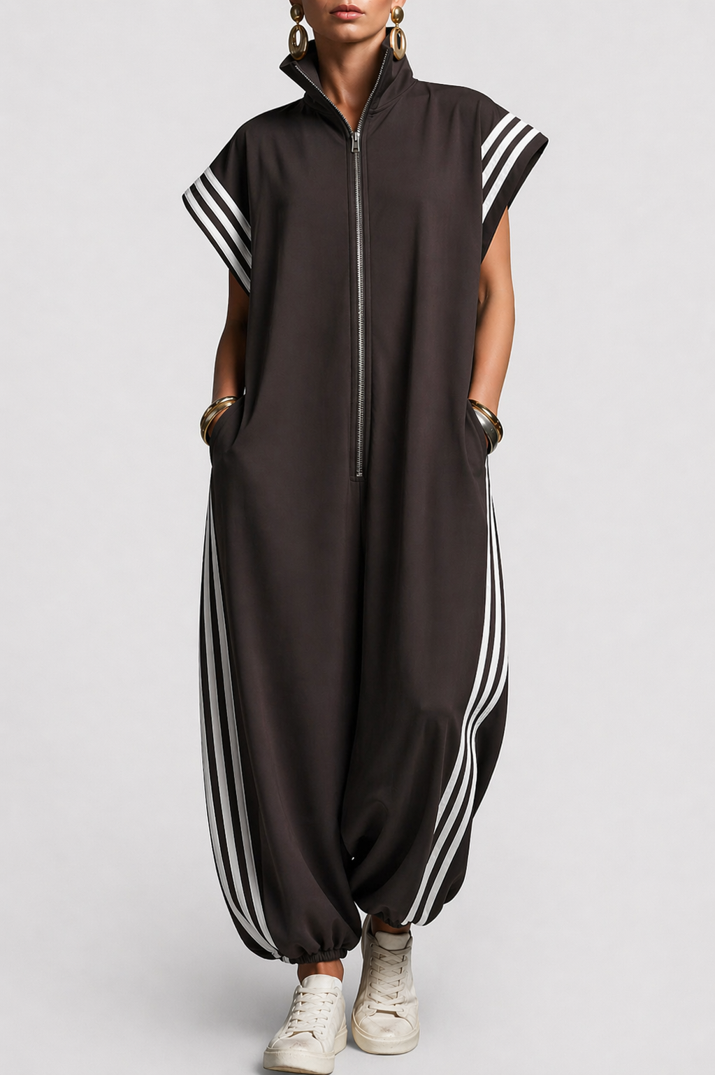 Combinaison Rayée Zippée et Ample Pour Femme