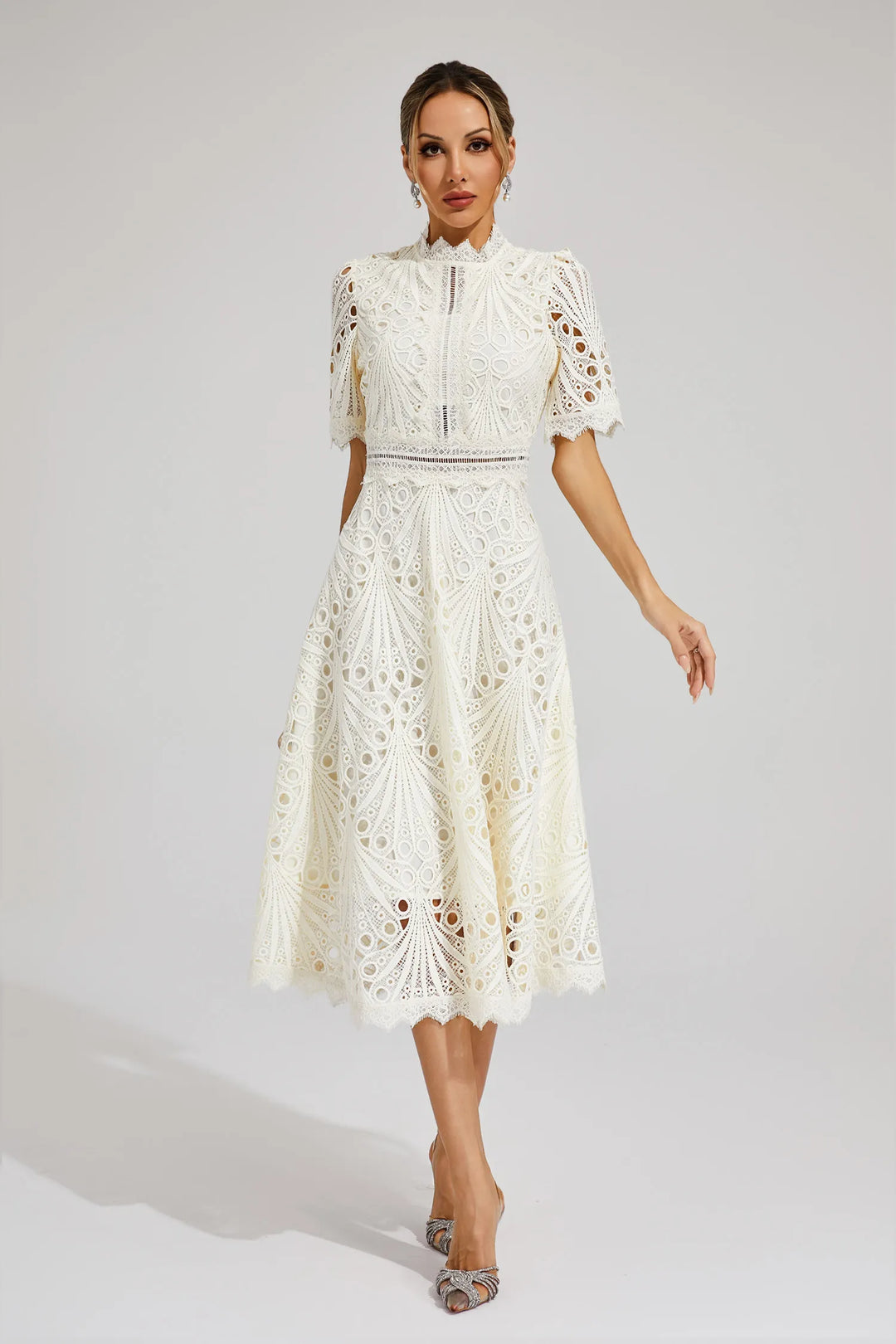 Robe Midi Dentelle Femme Col Bénitier