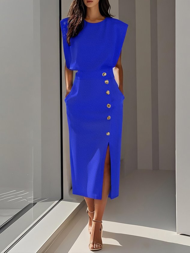 Robe Midi Femme Sans Manches Boutons Décoratifs