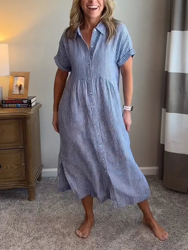 Robe Midi Chemise Rayée Femme Coupe Fluide