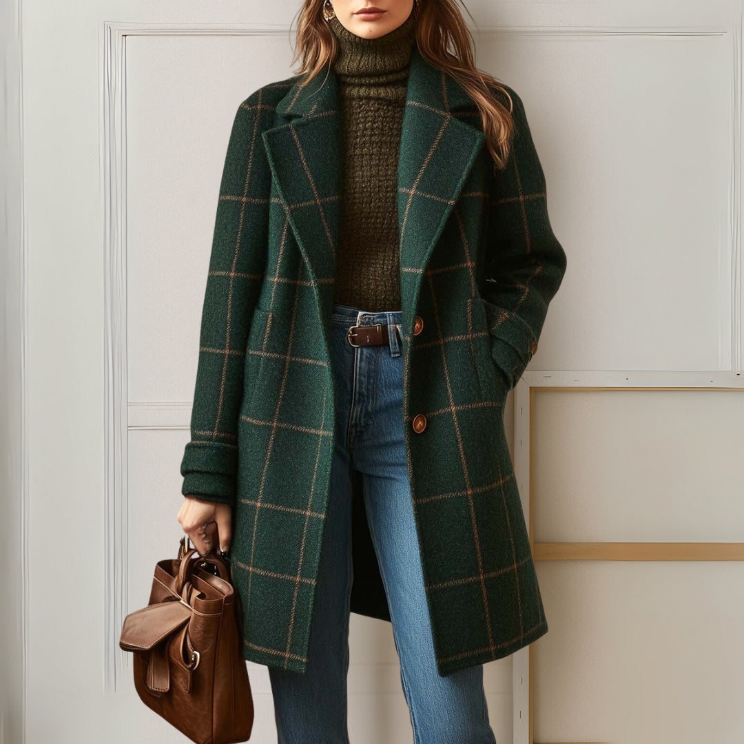 Manteau Long à Carreaux et Boutonnage Avant Pour Femme