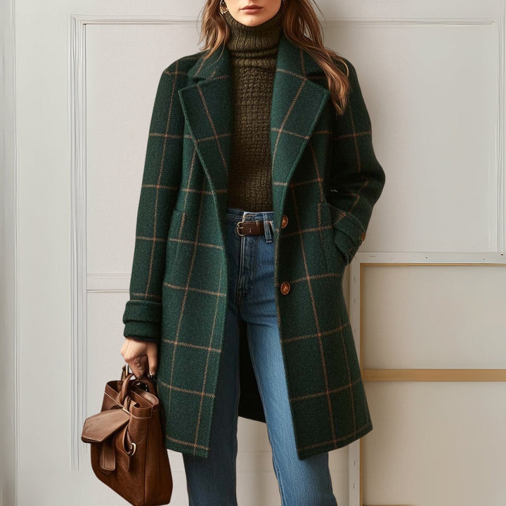 Manteau Long à Carreaux et Boutonnage Avant Pour Femme