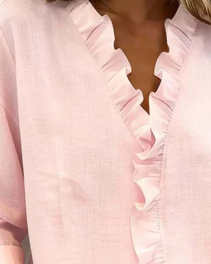 Women's V-neck blouse with ruffles and long sleeves
