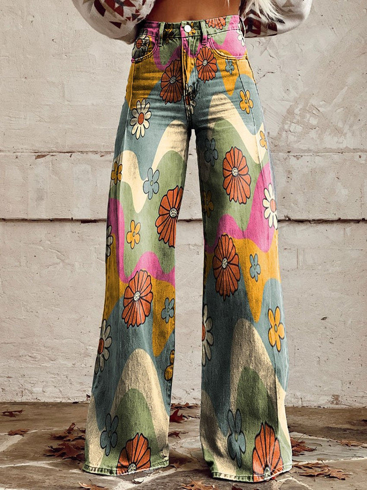 Pantalon Large Femme Imprimé Floral Taille Haute